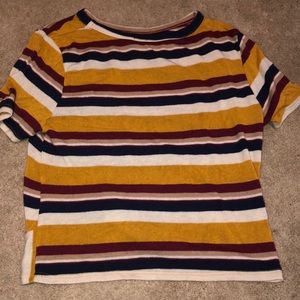 Yellow, tan, red, blue striped tie tee